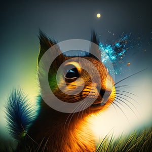 Surprised squirrel, sciurus, cautiously peeks around a corner, against a blue background, created with Generative AI tec