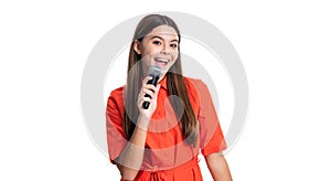 surprised teen girl singer holding microphone in studio. teen girl singer with singing microphone.
