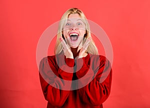 Surprised woman cant believe her eyes. Christmas is coming soon. Lack of time. Surprised face blonde girl. Lady