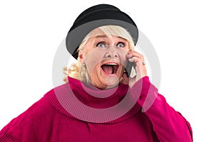 Surprised woman with cellphone.