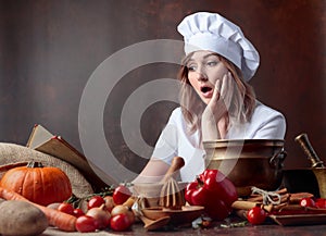 Surprised woman in a chef`s uniform reads an old cookbook