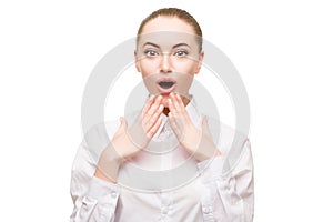 Surprised woman face, big expression eyes beauty girl in business shirt