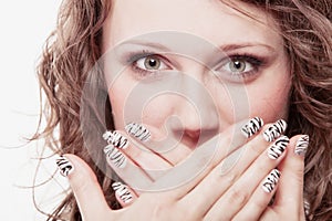 Surprised woman face, girl covering mouth