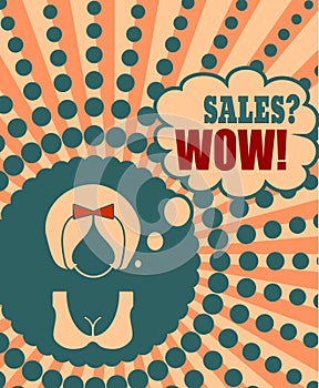 Surprised woman face icon with thinking cloud. Wow sales message