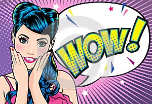 Surprised woman face with open mouth with pink lips with dot background pop art comics style photo