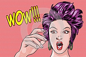 Surprised woman face and saying WOW Pop Art Retro