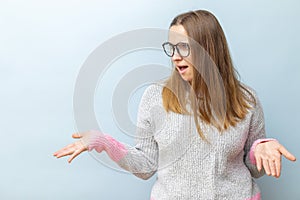 Surprised Woman in Glasses and Sweater