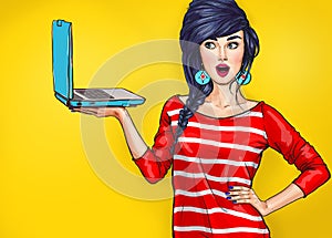 Surprised woman with laptop in the hand in comic style.