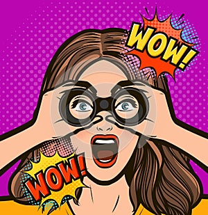 Surprised woman looking through binoculars. Vector illustration in pop art retro comic style