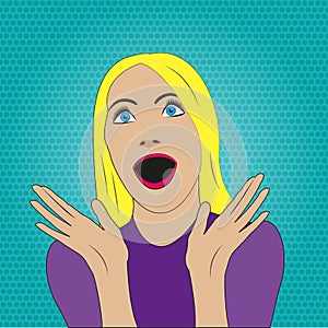 Surprised woman with open mouth in pop art style. Girl with emotion expression. Vector illustration.