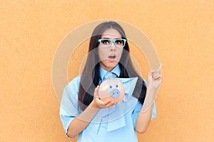 Surprised Woman with Piggy Bank thinking what to Invest in