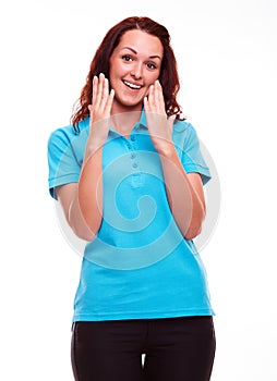 Surprised woman in polo shirt