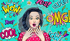 Surprised  woman on Pop art  background . Advertising poster or party invitation with sexy club girl with open mouth in comic styl