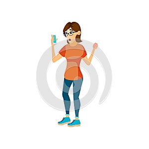 surprised woman reading shocking message on mobile phone cartoon vector