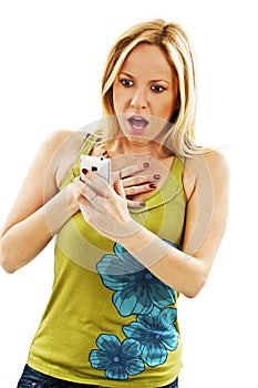 Surprised woman reading shocking sms text message
