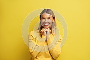 Surprised Woman Rejoicing Success. Portrait Blonde Girl Celebrating Win Indoor