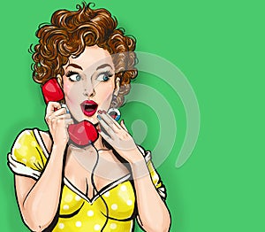Surprised woman with retro telephone.Advertising poster.Comic woman.Gossip girl. Call me.