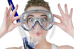 Surprised woman, scuba mask, snorkel, funny face