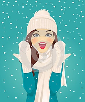 Surprised woman in snowfall