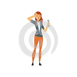 Surprised Woman Standing with Wrench Vector Illustration