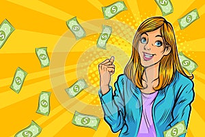 Surprised woman success with Falling Down Money