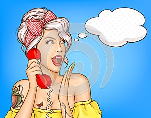 Surprised woman talking on retro phone vector