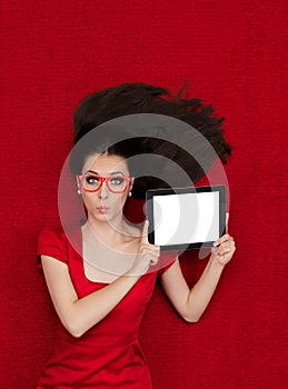 Surprised Woman Wearing Glasses Holding Tablet