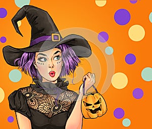 Surprised woman wears Halloween makeup, dressed in black outfit, , looks with amazing expression. Pop Art girl