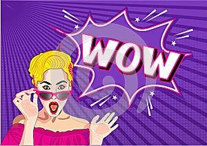 surprised Wow comic pop art girl poster along with vector EPS format