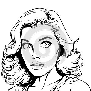 Surprised young beautiful woman with wide open eyes, vector illustration in vintage pop art comic style