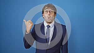 Surprised young business man, amazed expression, points with finger to side. open mouth. isolated on blue background. hispanic guy