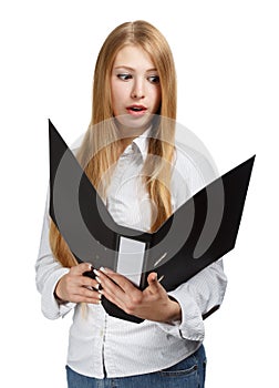 Surprised young business woman with black folder on white background