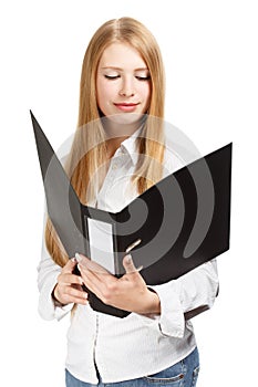 Surprised young business woman with black folder on white background