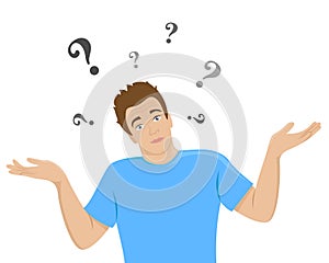 The surprised young man shrugs. Flat isolated illustration