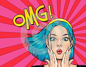 Surprised young sexy woman  in comic style. Amazed lady saying OMG. Pop Art girl with shocked face.