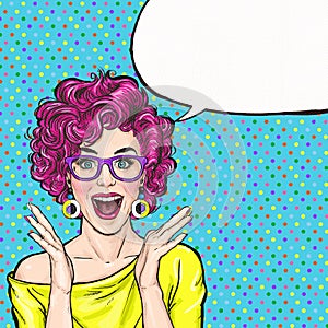 Surprised young woman in glasses shouting or yelling. Advertising poster. Comic woman. Gossip girl,