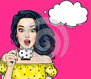 Surprised young woman with open mouth with cup.Comic woman. Amazed women. photo