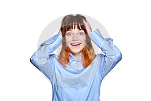 Surprised young teenage female on white isolated background