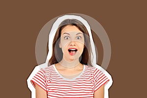 Surprised young woman. emotional girl Magazine collage style with trendy color background