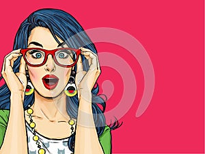 Surprised young woman with open mouth in glasses.Comic woman.