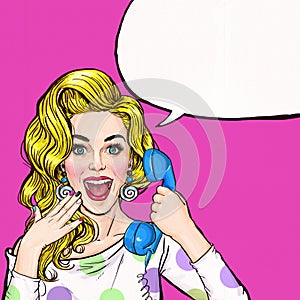 Surprised young woman shouting/yelling on retro telephone.Advertising poster.Comic woman.Gossip girl, red cheeks, curls,