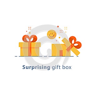 Prize give away, surprising gift, emotional present, fun experience, gift idea concept, flat icon