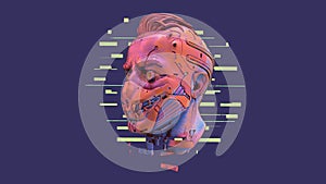 Surreal 3d illustration of cyborg head in a futuristic scary mask with teeth. Artificial face with damaged neck.