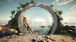 Surreal 3d Landscape: Island Natural Circular Gate In 8k Resolution