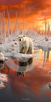 Surreal 3d Landscape Polar Bear Reflected In Water