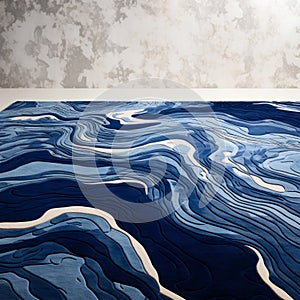 Surreal 3d Landscape Rug With Dark Blue And Gray Thin Lines