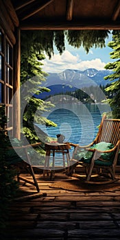 Surreal 3d Log House Porch: Whistlerian Calm Waters Wallpaper