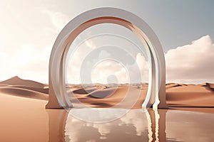 surreal 3D rendered desert oasis with flat water, towering dunes, and a vibrant blue sky with the sun