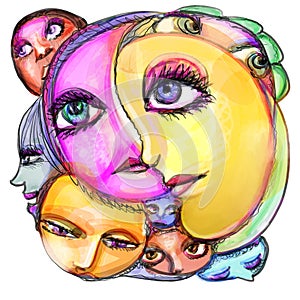 Surreal abstract globe of faces of people