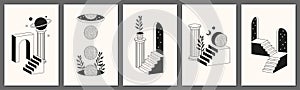 Surreal abstract posters and cards in trendy minimal line art style. Columns, stairs, arch, geometric shapes.